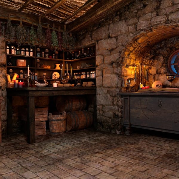 Rustic apothecary shop, candlelit